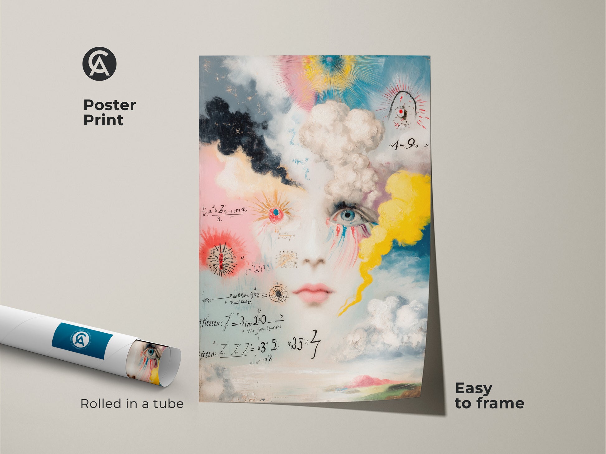 This is a conceptual face art poster ready to frame. The surreal math equations artwork comes rolled in a tube. A unique creative wall decor for eclectic spaces. Its easy to frame and hang.