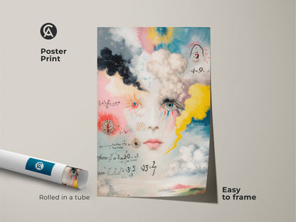 This is a conceptual face art poster ready to frame. The surreal math equations artwork comes rolled in a tube. A unique creative wall decor for eclectic spaces. Its easy to frame and hang.
