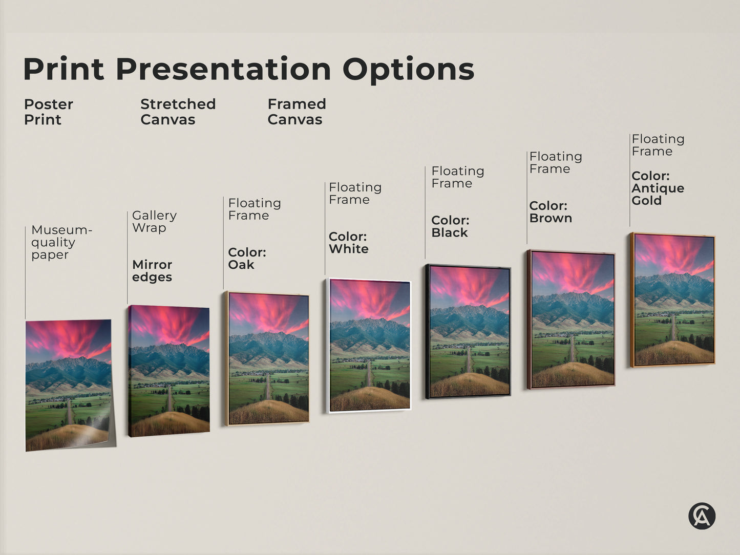 Print presentation options showcase various pink sunset mountain art prints. Options include poster print stretched canvas and framed canvas. Each offers a unique aesthetic appeal. The rural town wall art is perfect for any room and complements modern farmhouse decor.