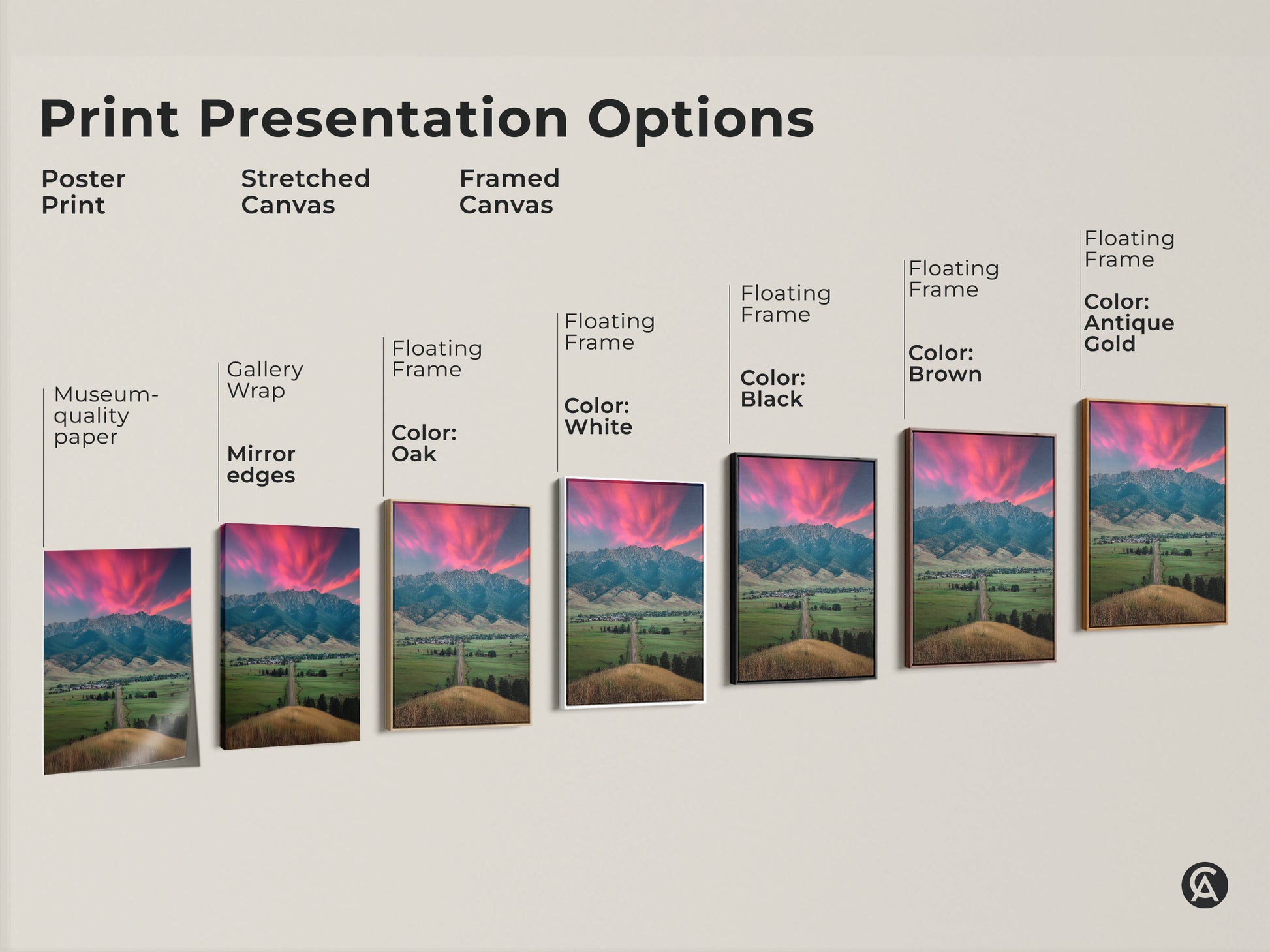 Print presentation options showcase various pink sunset mountain art prints. Options include poster print stretched canvas and framed canvas. Each offers a unique aesthetic appeal. The rural town wall art is perfect for any room and complements modern farmhouse decor.