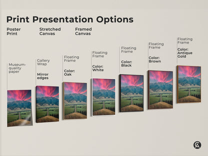 Print presentation options showcase various pink sunset mountain art prints. Options include poster print stretched canvas and framed canvas. Each offers a unique aesthetic appeal. The rural town wall art is perfect for any room and complements modern farmhouse decor.