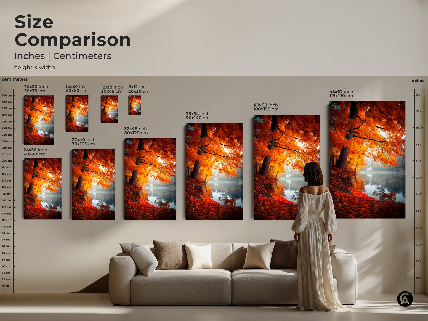 Size comparison of autumn lake artwork in inches and centimeters. See how canvas and poster prints fit above a sofa. Choose the ideal size to enhance your living room decor. Explore our range of sizes and bring nature home.