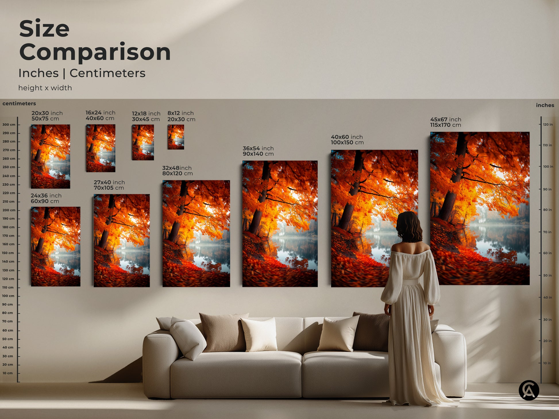Size comparison of autumn lake artwork in inches and centimeters. See how canvas and poster prints fit above a sofa. Choose the ideal size to enhance your living room decor. Explore our range of sizes and bring nature home.