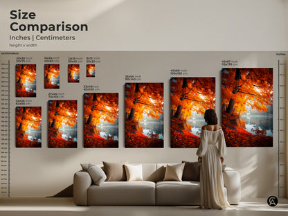 Size comparison of autumn lake artwork in inches and centimeters. See how canvas and poster prints fit above a sofa. Choose the ideal size to enhance your living room decor. Explore our range of sizes and bring nature home.