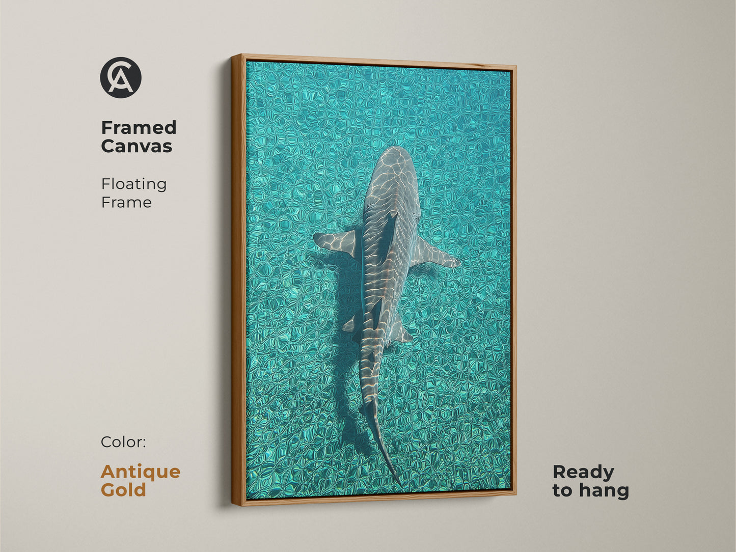 Framed canvas featuring a shark swimming in turquoise ocean waters ready to hang. The antique gold floating frame enhances this teal blue artwork. Ideal coastal wall decor for marine biology art enthusiasts. Perfect scuba diver gift idea for nature lovers. This oceanic wildlife decor complements coastal and wildlife themes.