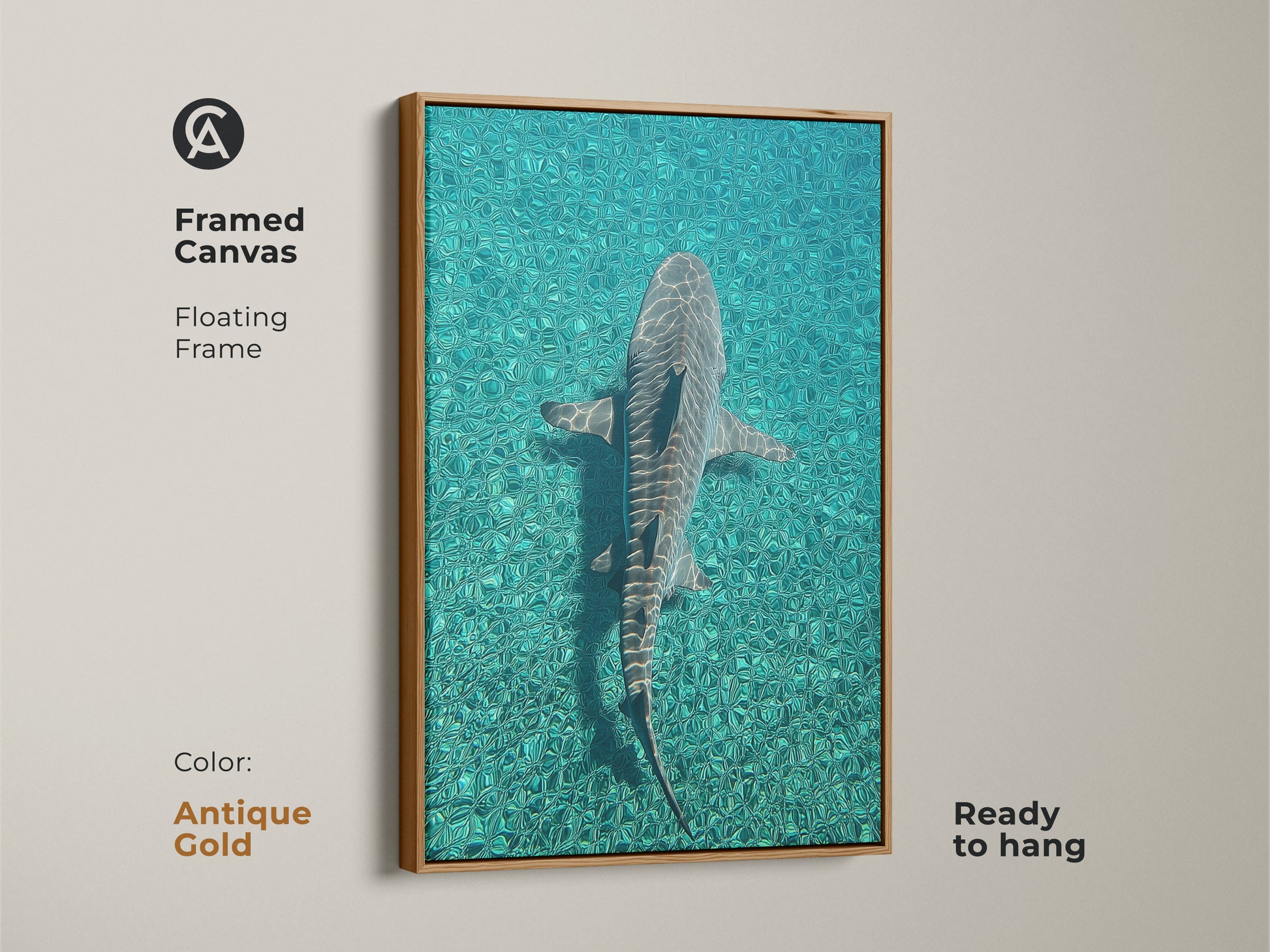 Framed canvas featuring a shark swimming in turquoise ocean waters ready to hang. The antique gold floating frame enhances this teal blue artwork. Ideal coastal wall decor for marine biology art enthusiasts. Perfect scuba diver gift idea for nature lovers. This oceanic wildlife decor complements coastal and wildlife themes.