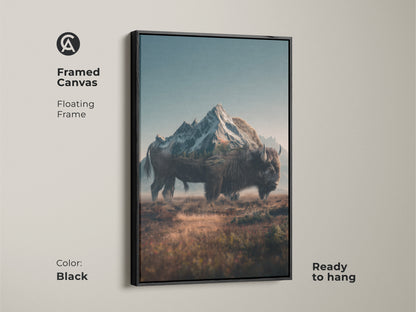 Framed canvas artwork features a bison and mountain. The floating black frame adds a modern touch. It's ready to hang and brings nature indoors. This bison art is a striking addition to any room.