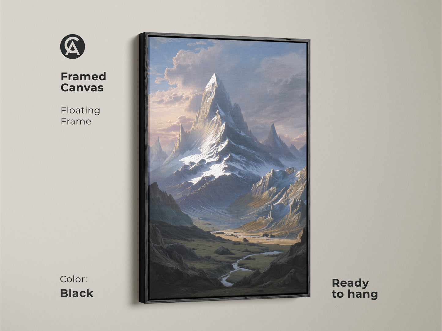 Framed canvas features a floating frame around a snowy mountain landscape. This mountain peak wall decor is ready to hang. The realistic art adds nature-inspired artwork to your home.
