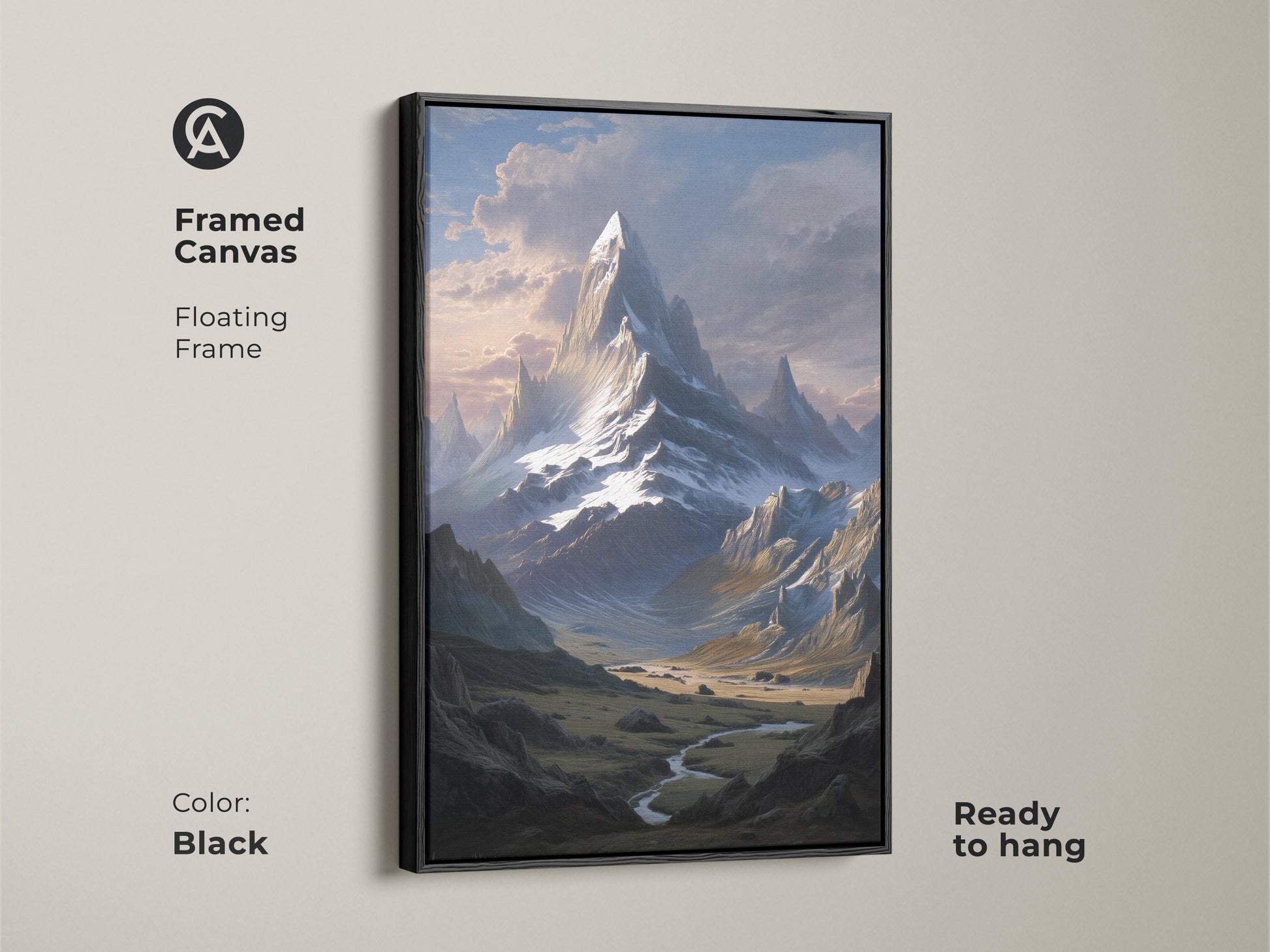 Framed canvas features a floating frame around a snowy mountain landscape. This mountain peak wall decor is ready to hang. The realistic art adds nature-inspired artwork to your home.