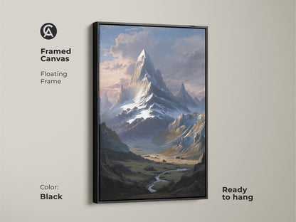 Framed canvas features a floating frame around a snowy mountain landscape. This mountain peak wall decor is ready to hang. The realistic art adds nature-inspired artwork to your home.