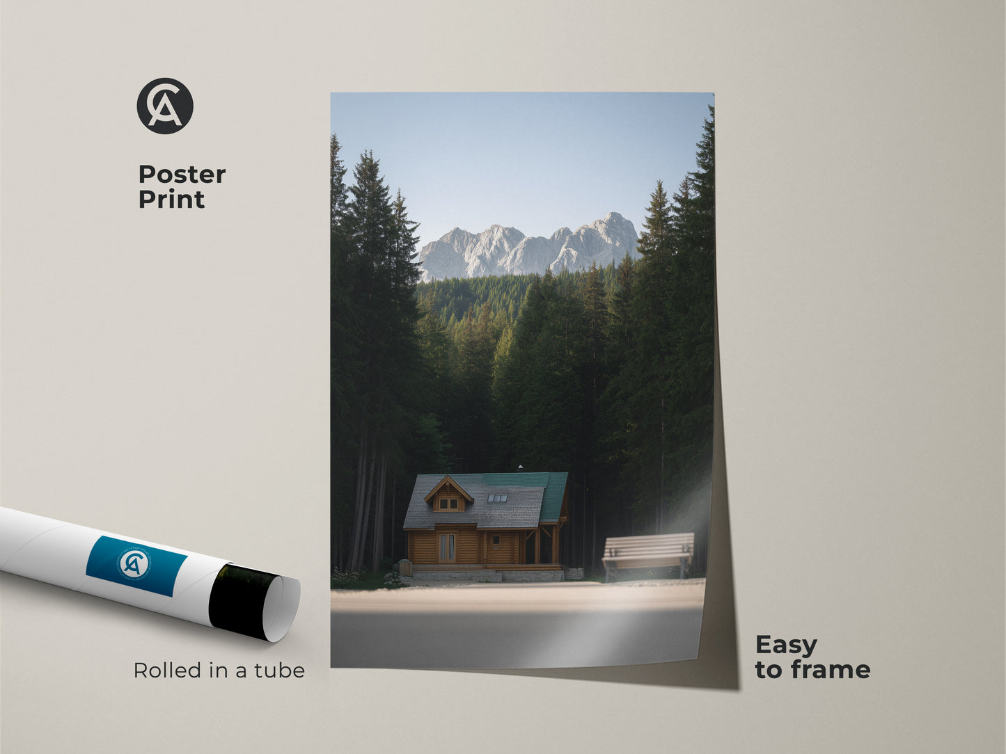 Poster Print of a cozy log cabin in a mountain forest. This scenic mountain view art is easy to frame. This forest dwelling wall art brings a wilderness escape to your home. It is rolled in a tube for safe shipping.