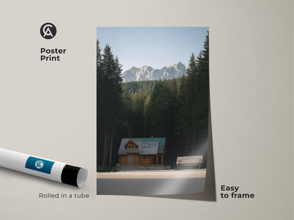 Poster Print of a cozy log cabin in a mountain forest. This scenic mountain view art is easy to frame. This forest dwelling wall art brings a wilderness escape to your home. It is rolled in a tube for safe shipping.