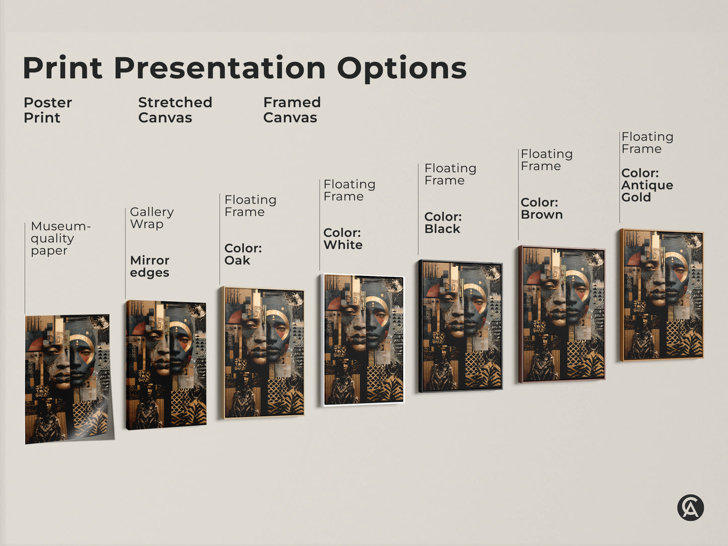 Print presentation options featuring an Afrofuturist portrait. Choose from poster print stretched canvas and framed canvas. Options include black brown antique gold and oak frames. Museum-quality edges.