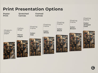 Print presentation options featuring an Afrofuturist portrait. Choose from poster print stretched canvas and framed canvas. Options include black brown antique gold and oak frames. Museum-quality edges.