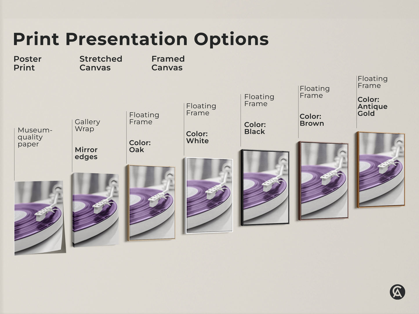 Print presentation options for purple vinyl record art. Choose from poster print stretched canvas or framed canvas. Various frame colors are available including oak white black brown and antique gold. Find the perfect style for your mid-century modern home decor.
