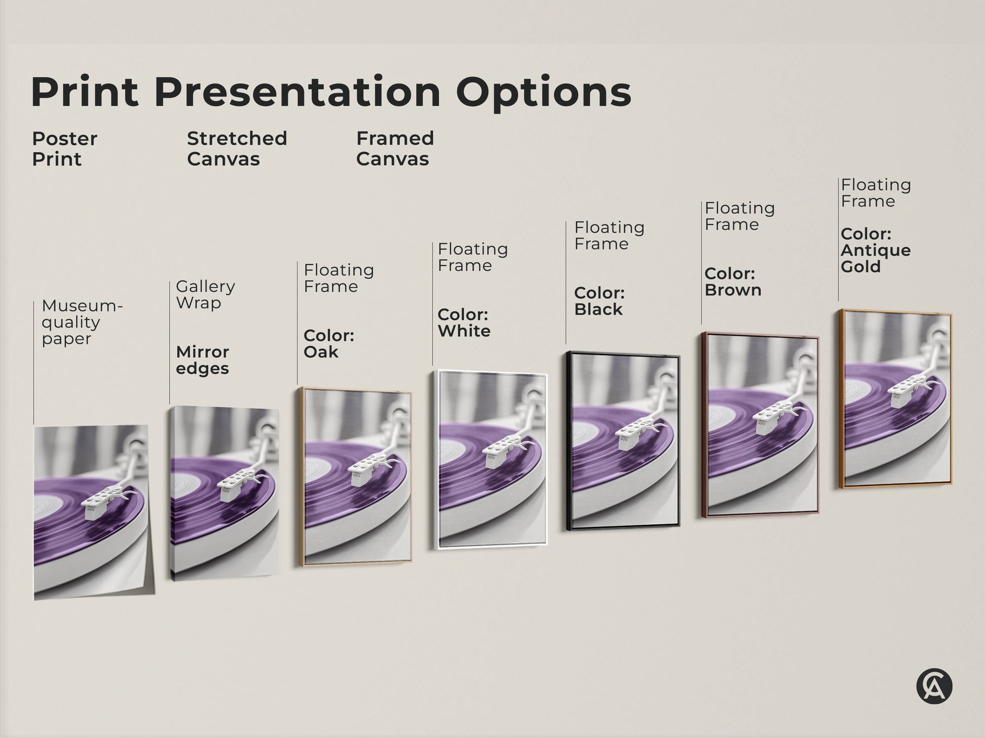 Print presentation options for purple vinyl record art. Choose from poster print stretched canvas or framed canvas. Various frame colors are available including oak white black brown and antique gold. Find the perfect style for your mid-century modern home decor.