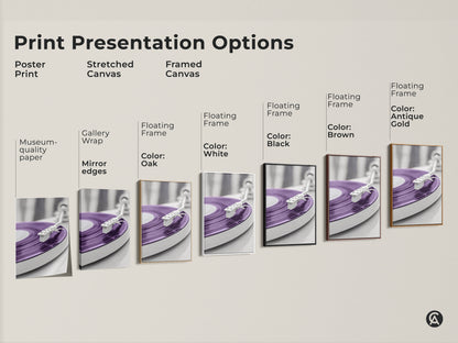 Print presentation options for purple vinyl record art. Choose from poster print stretched canvas or framed canvas. Various frame colors are available including oak white black brown and antique gold. Find the perfect style for your mid-century modern home decor.