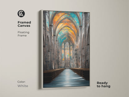 This framed canvas features a Gothic cathedral interior artwork. The floating frame is white. The ready-to-hang art highlights stained glass windows in orange blue and teal shades. Enhance your entry hall with this architectural print.