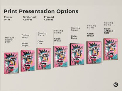 Explore art print presentation options. Choose from poster prints stretched canvas and framed canvas. Each option showcases a fun monster face art. Find the perfect style to match your home decor needs and preferences.