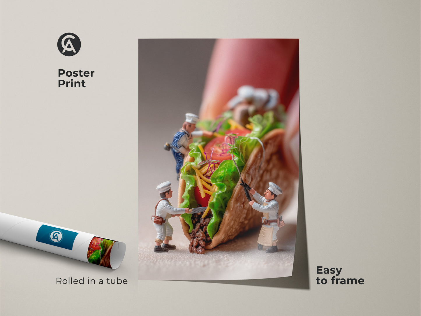 This poster print showcases miniature chefs preparing a massive taco. The art is rolled in a tube for easy framing. It adds a playful culinary touch to any room. Perfect for food art collectors. Get this unique piece for your kitchen or dining space today.