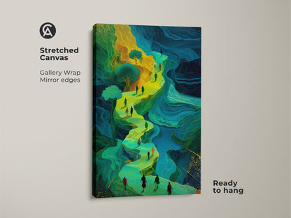 This Stretched Canvas print shows a surreal fantasy art of people on a winding path. Emerald green and golden yellow colors give it an eclectic look. The gallery wrapped canvas has mirror edges and is ready to hang. A unique and colorful abstract art for your office or study room.