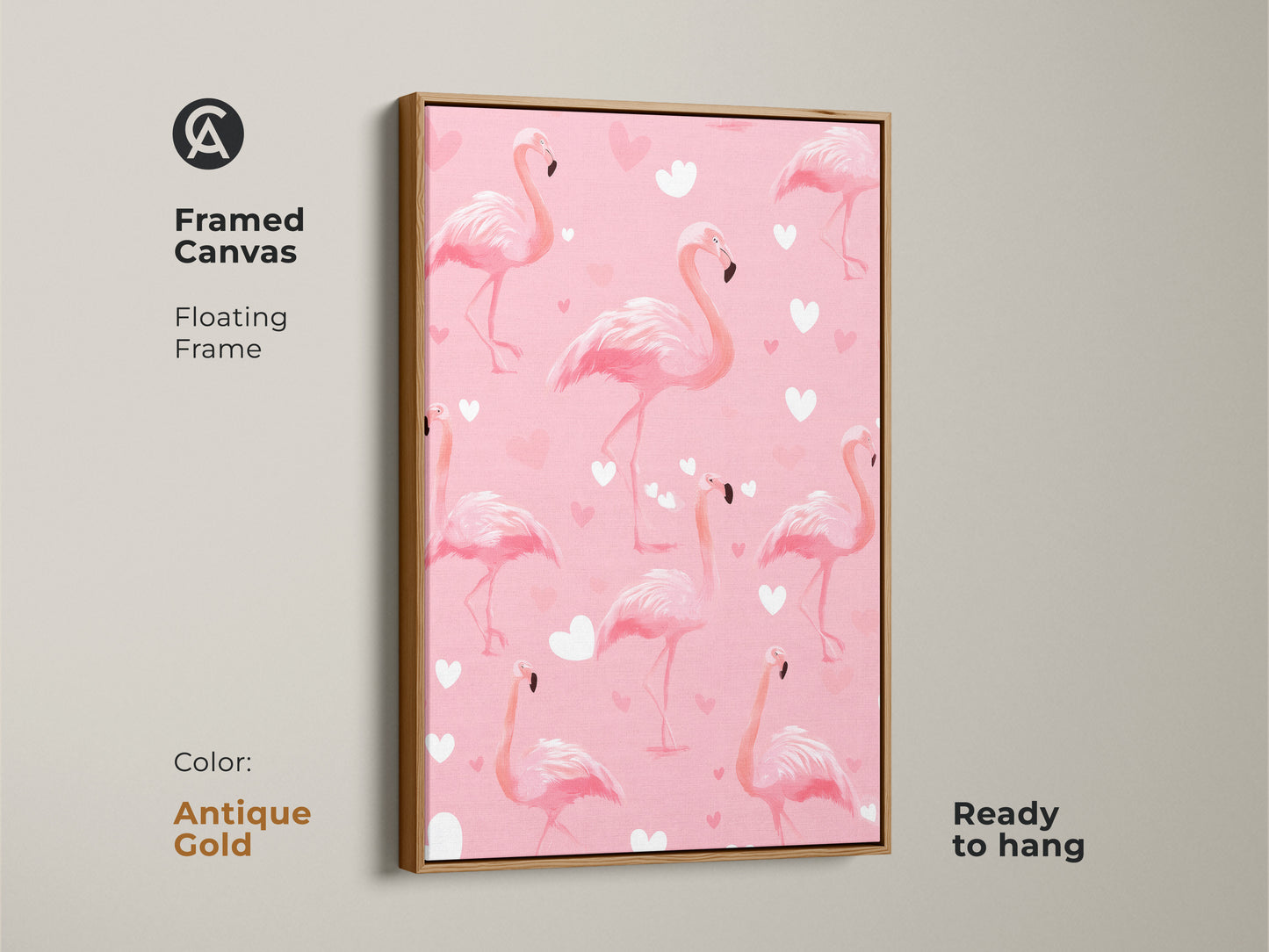 Antique gold framed canvas displaying pink flamingo artwork. The cute heart pattern creates a whimsical feel. The tropical bird art is ready to hang and enhances any wall. Great Valentine's Day gift art.