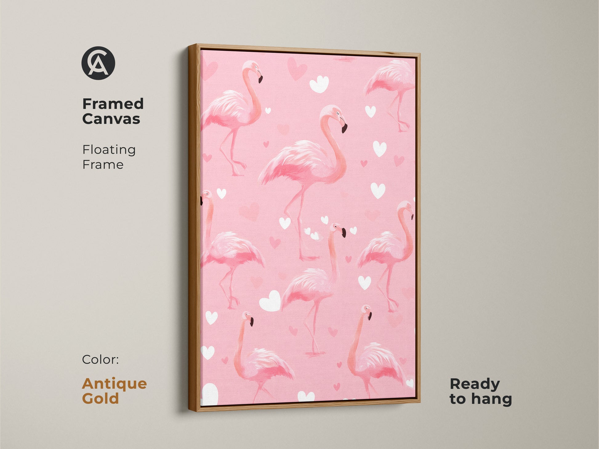Antique gold framed canvas displaying pink flamingo artwork. The cute heart pattern creates a whimsical feel. The tropical bird art is ready to hang and enhances any wall. Great Valentine's Day gift art.