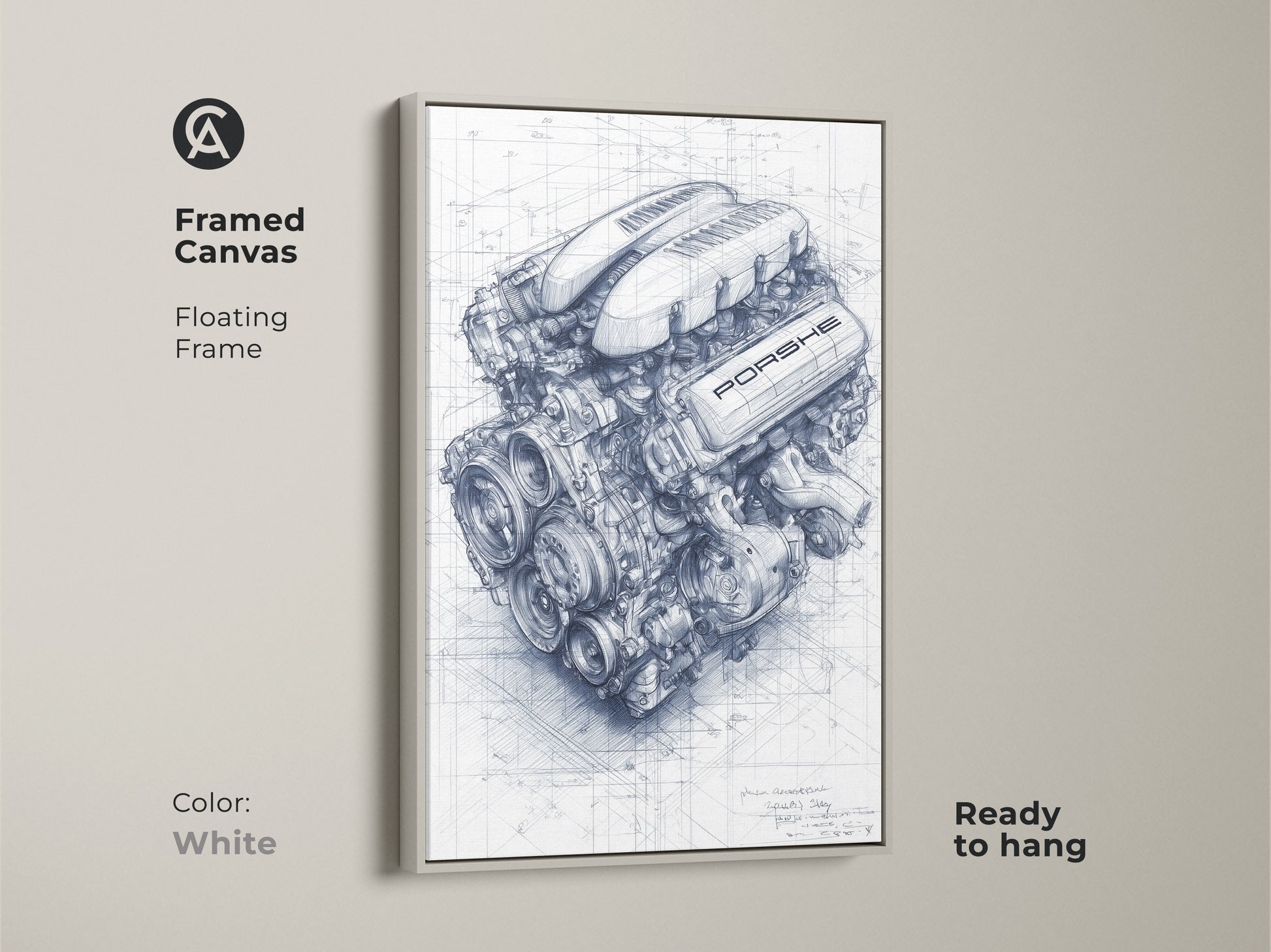 White framed canvas featuring a Porsche engine blueprint. This automotive engineering print is a great gift idea. The detailed car engine art adds a modern touch. It's a ready-to-hang piece of mechanical blueprint art.