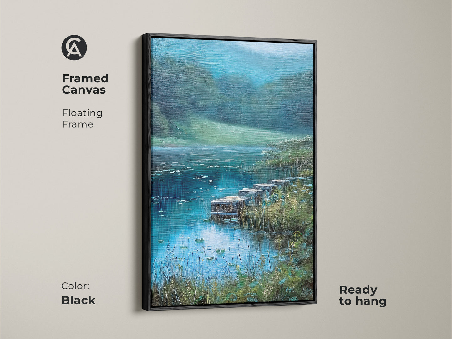 Framed canvas featuring an impressionistic lake art print with rustic docks. Black floating frame adds a touch of elegance. Teal blue green wall art brings the beauty of nature indoors. Ready to hang nature landscape artwork. Perfect for bedroom wall decor.