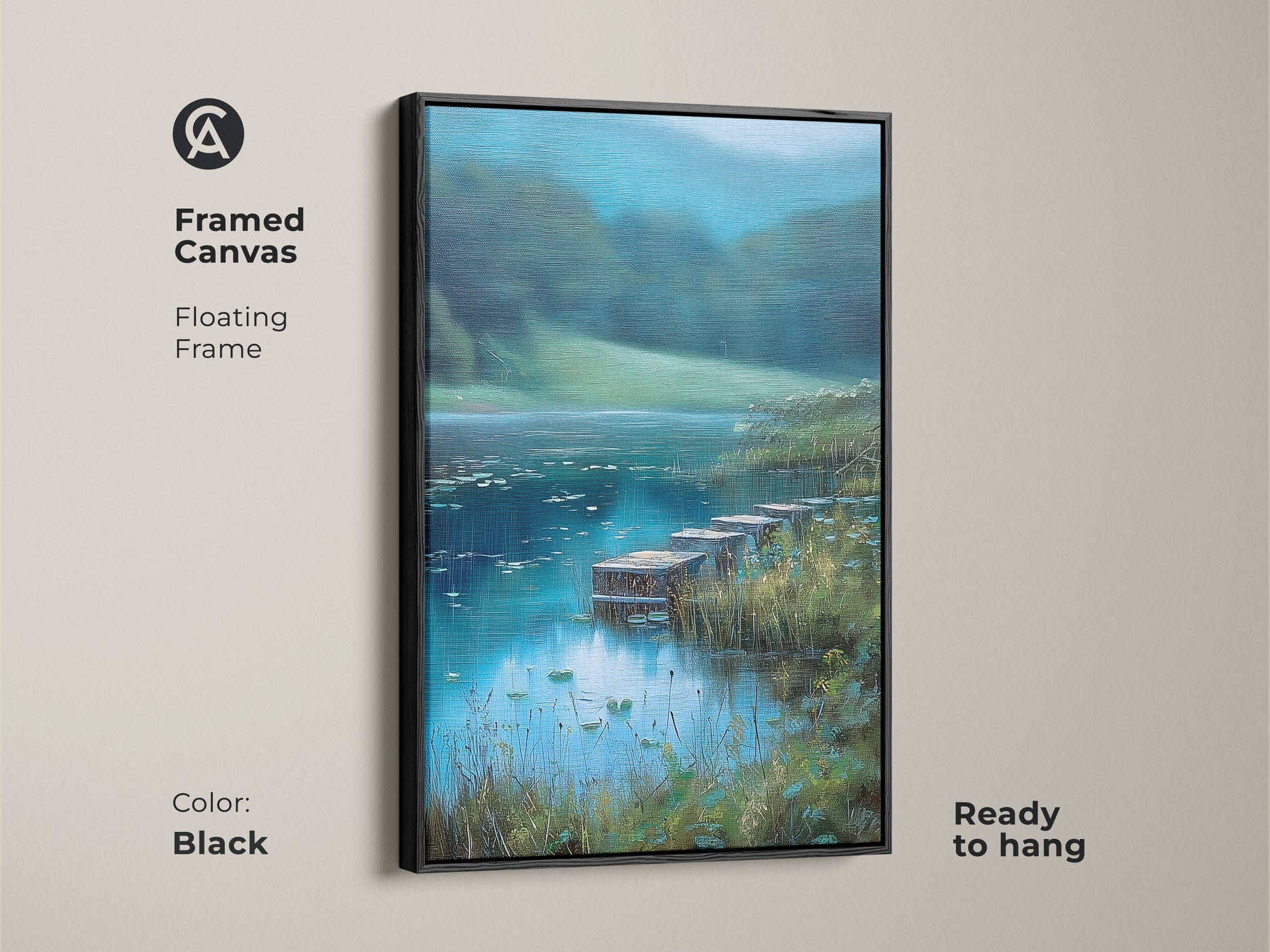 Framed canvas featuring an impressionistic lake art print with rustic docks. Black floating frame adds a touch of elegance. Teal blue green wall art brings the beauty of nature indoors. Ready to hang nature landscape artwork. Perfect for bedroom wall decor.