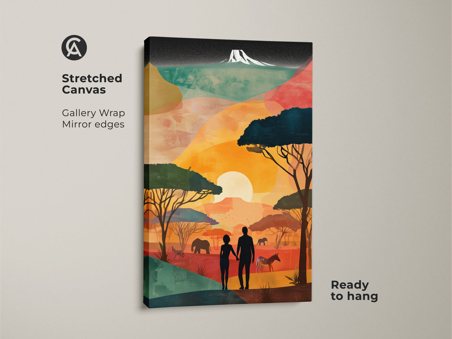 This stretched canvas features a retro African landscape. The gallery wrap and mirror edges give depth to the boho couple silhouette. It's ready to hang and displays wildlife art. Note elephants zebras & savanna trees. Ideal as a travel anniversary gift. This unique art enhances your space.