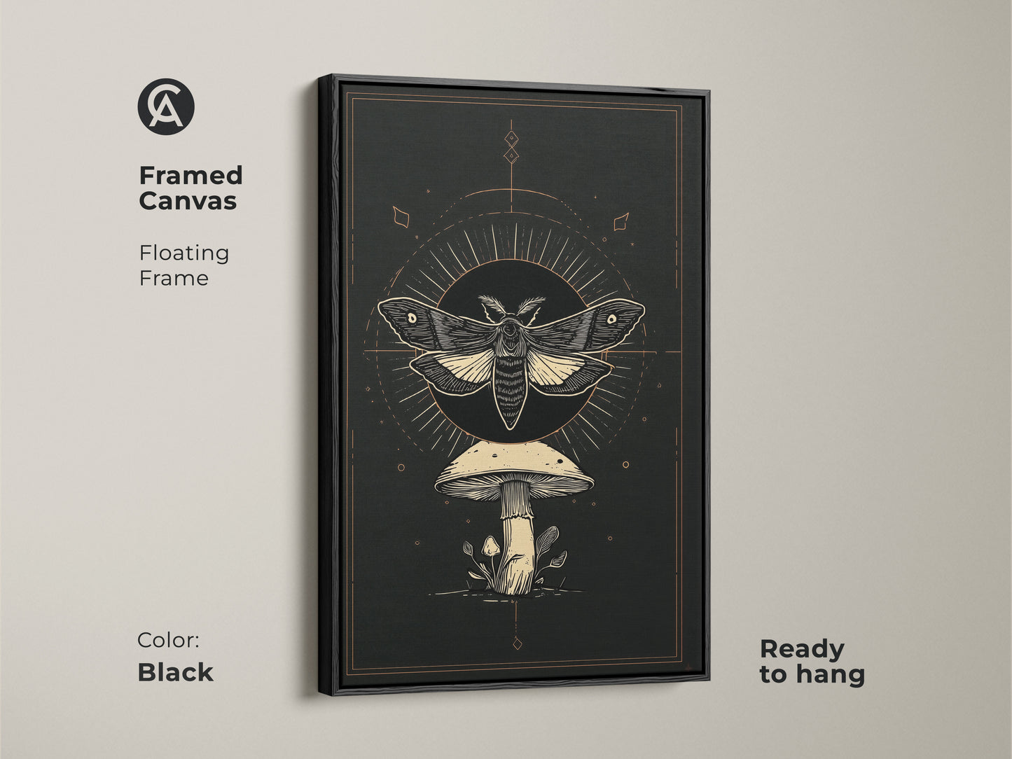 Framed canvas with a floating frame showcasing Gothic-inspired artwork. The black frame enhances the dark academia art print. It features an occult mushroom decor and celestial insect art. Ready to hang this botanical moth print adds a touch of mystery.
