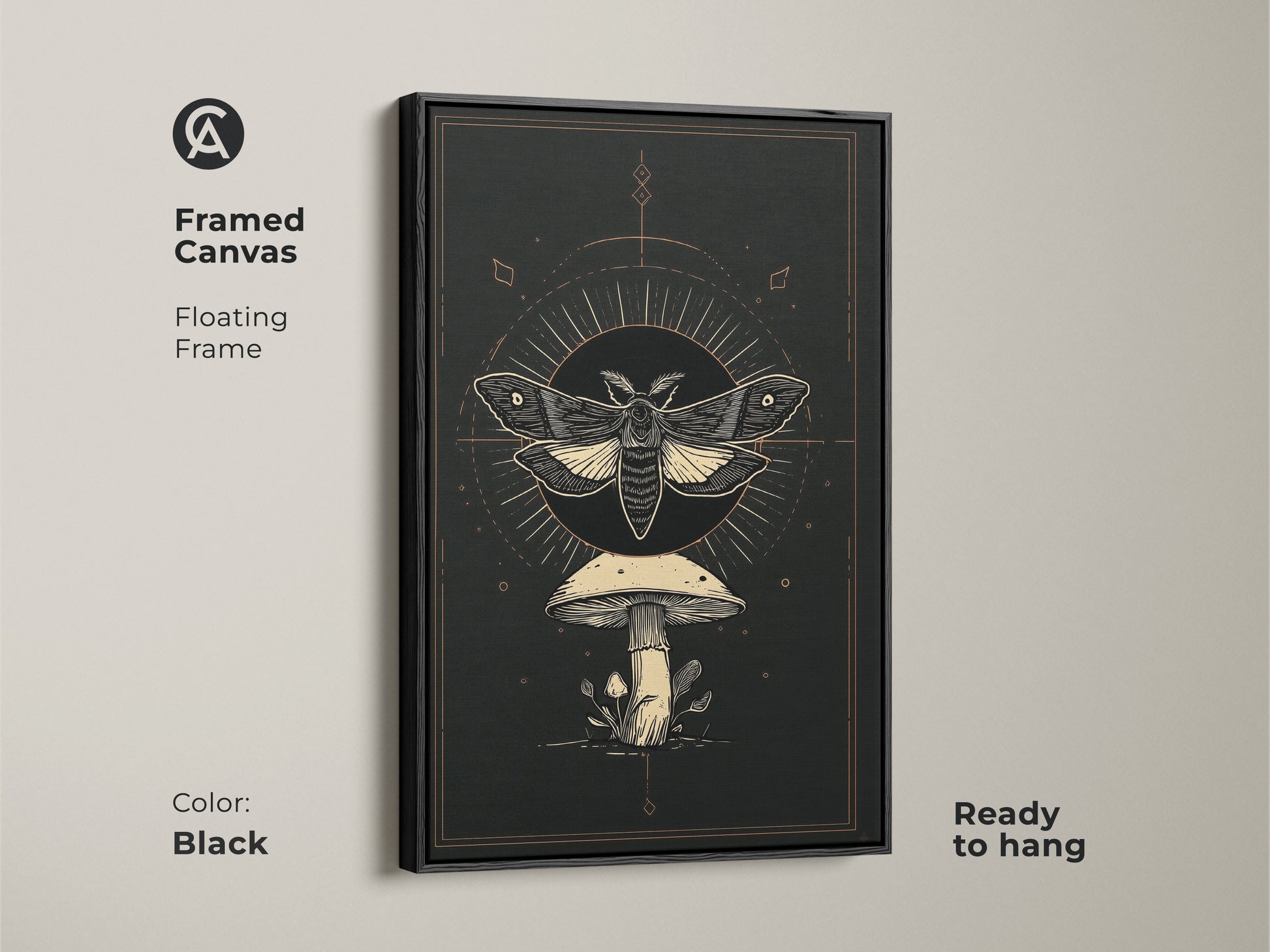 Framed canvas with a floating frame showcasing Gothic-inspired artwork. The black frame enhances the dark academia art print. It features an occult mushroom decor and celestial insect art. Ready to hang this botanical moth print adds a touch of mystery.