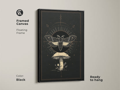 Framed canvas with a floating frame showcasing Gothic-inspired artwork. The black frame enhances the dark academia art print. It features an occult mushroom decor and celestial insect art. Ready to hang this botanical moth print adds a touch of mystery.
