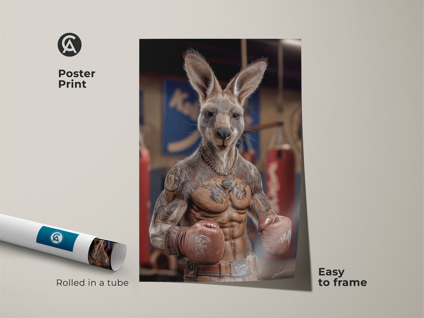 A tattoo kangaroo boxer poster print is rolled in a tube and easy to frame. The funny animal wall art has an industrial loft style. Ideal for man caves. This humorous artwork makes a unique gift for boxing fans. The kangaroo features red gloves and a tan and brown color palette
