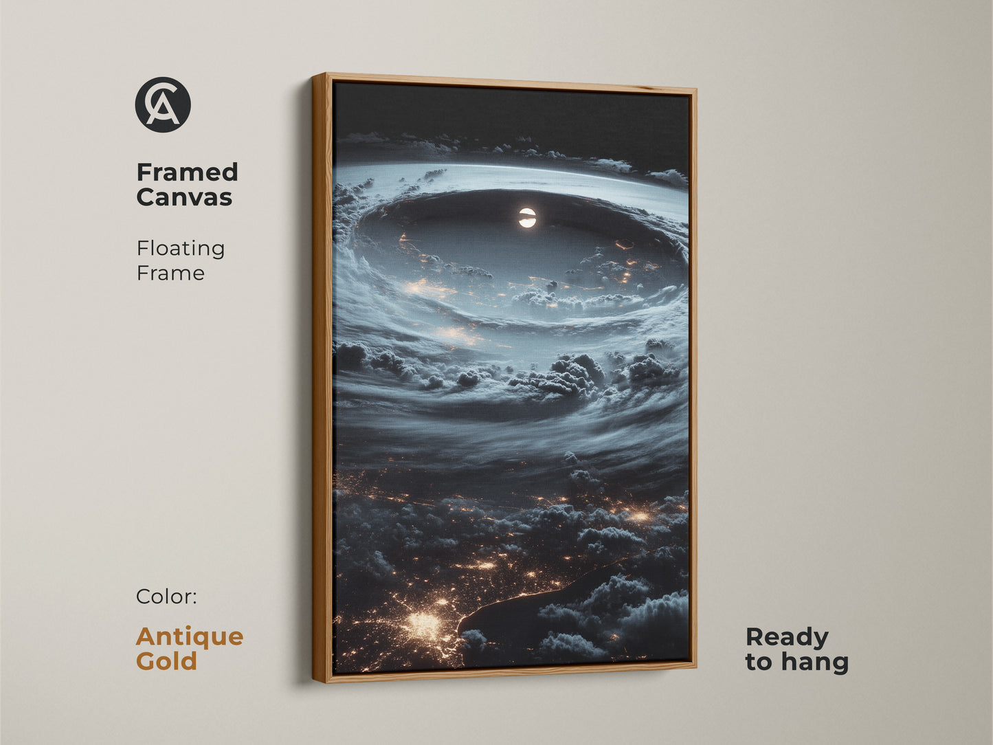 Framed canvas print with an antique gold floating frame. Displaying a hurricane from space with city lights. The contemporary artwork is ready to hang. Deep blue and gray create a calming effect. Perfect for modern home decor and astronomy art lovers. A unique space exploration decor.