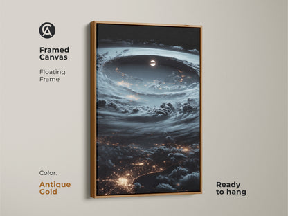 Framed canvas print with an antique gold floating frame. Displaying a hurricane from space with city lights. The contemporary artwork is ready to hang. Deep blue and gray create a calming effect. Perfect for modern home decor and astronomy art lovers. A unique space exploration decor.