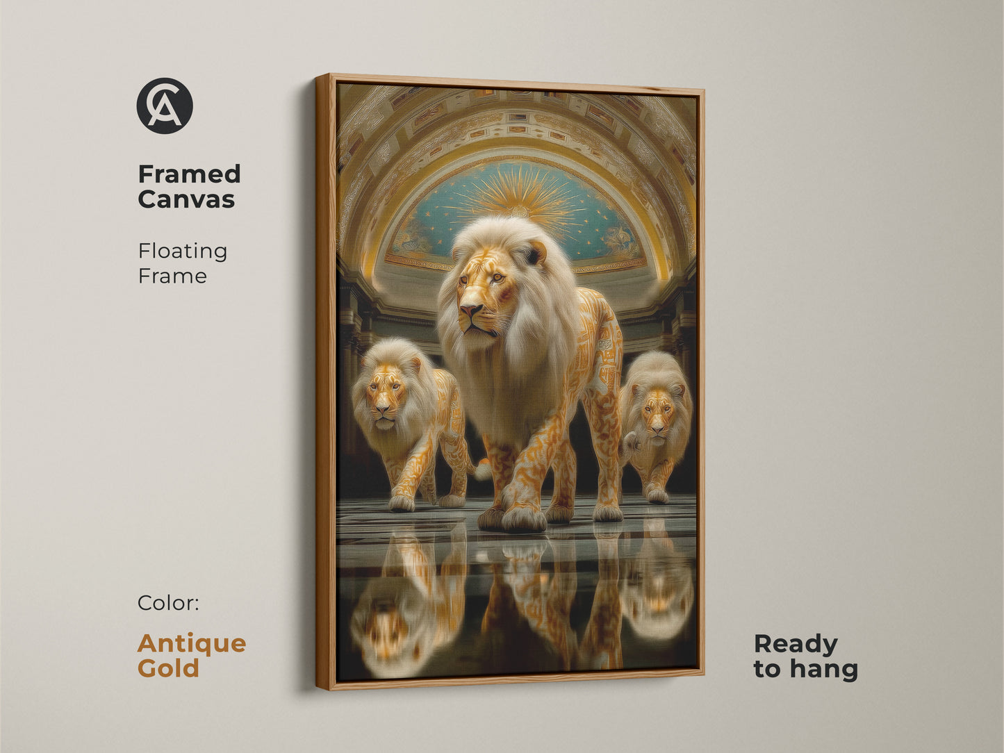 Behold the framed canvas presenting the abstract gold lion art. It includes a floating frame with an antique gold color. This modern animal art print is ready to hang. This majestic animal painting offers unique office wall decor.