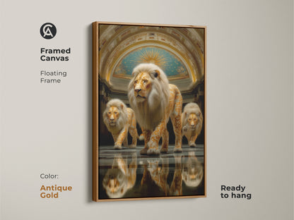 Behold the framed canvas presenting the abstract gold lion art. It includes a floating frame with an antique gold color. This modern animal art print is ready to hang. This majestic animal painting offers unique office wall decor.