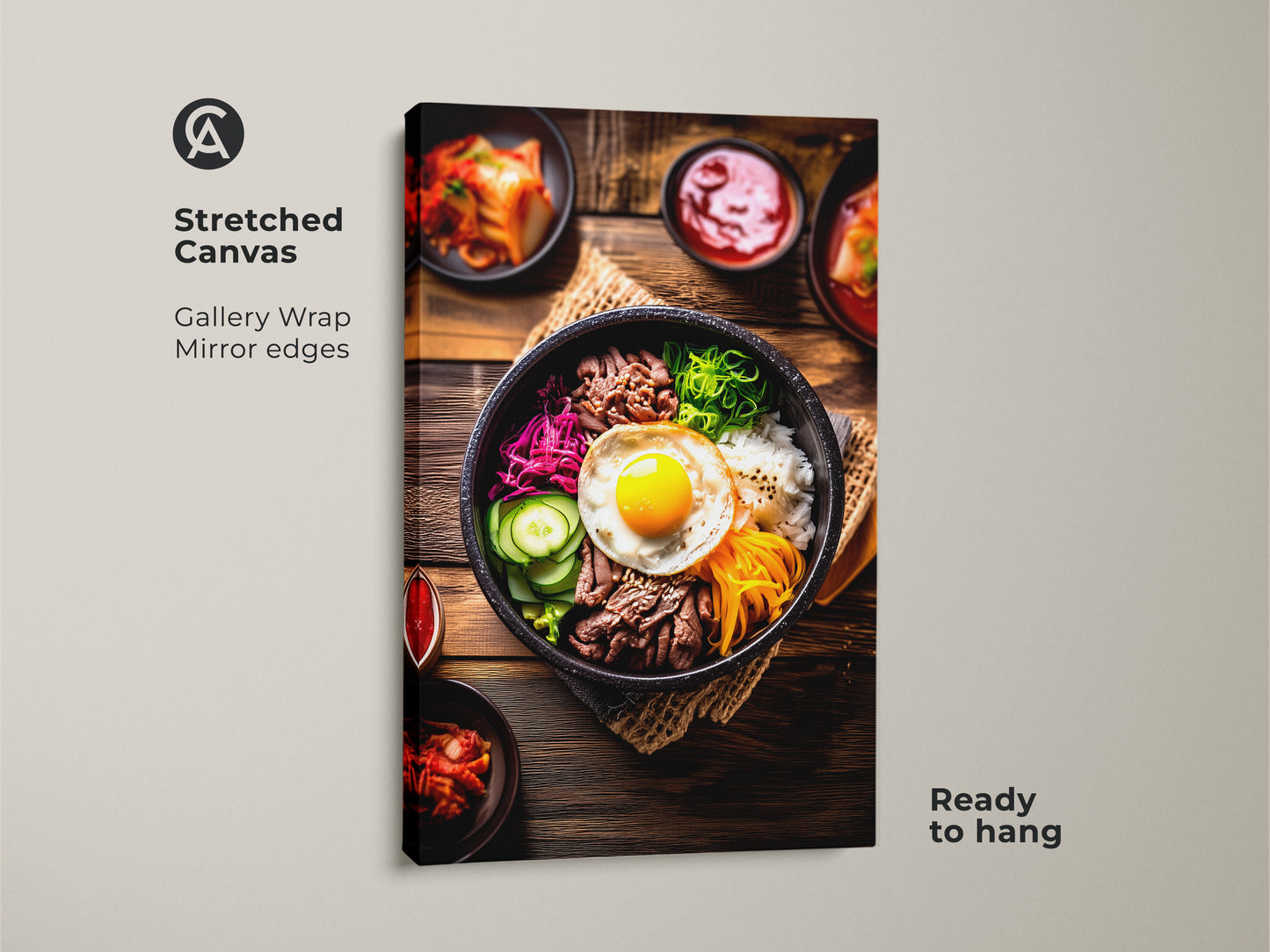 A stretched canvas gallery wrap featuring Bibimbap art. This realistic Korean food photography showcases a colorful and appetizing meal. It's ready to hang and brings Asian cuisine warmth to any kitchen or dining area.