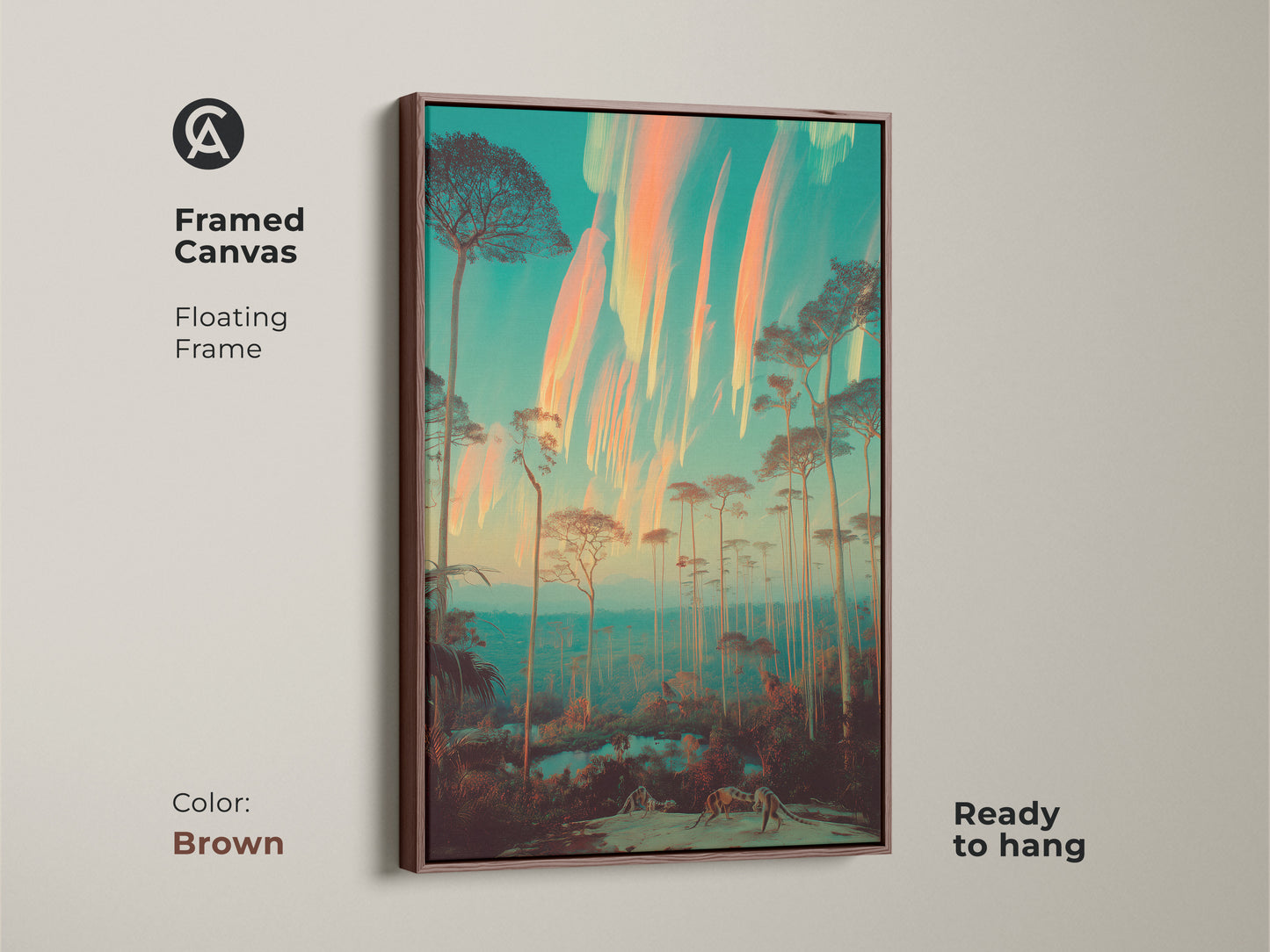 Framed in brown this surreal forest canvas art creates a dreamlike and eclectic display. Tall slender trees are showcased against a vibrant teal and orange sky. Ready to hang this nature inspired artwork adds a unique touch to your living space. The warm tone is perfect for eclectic and bohemian spaces.