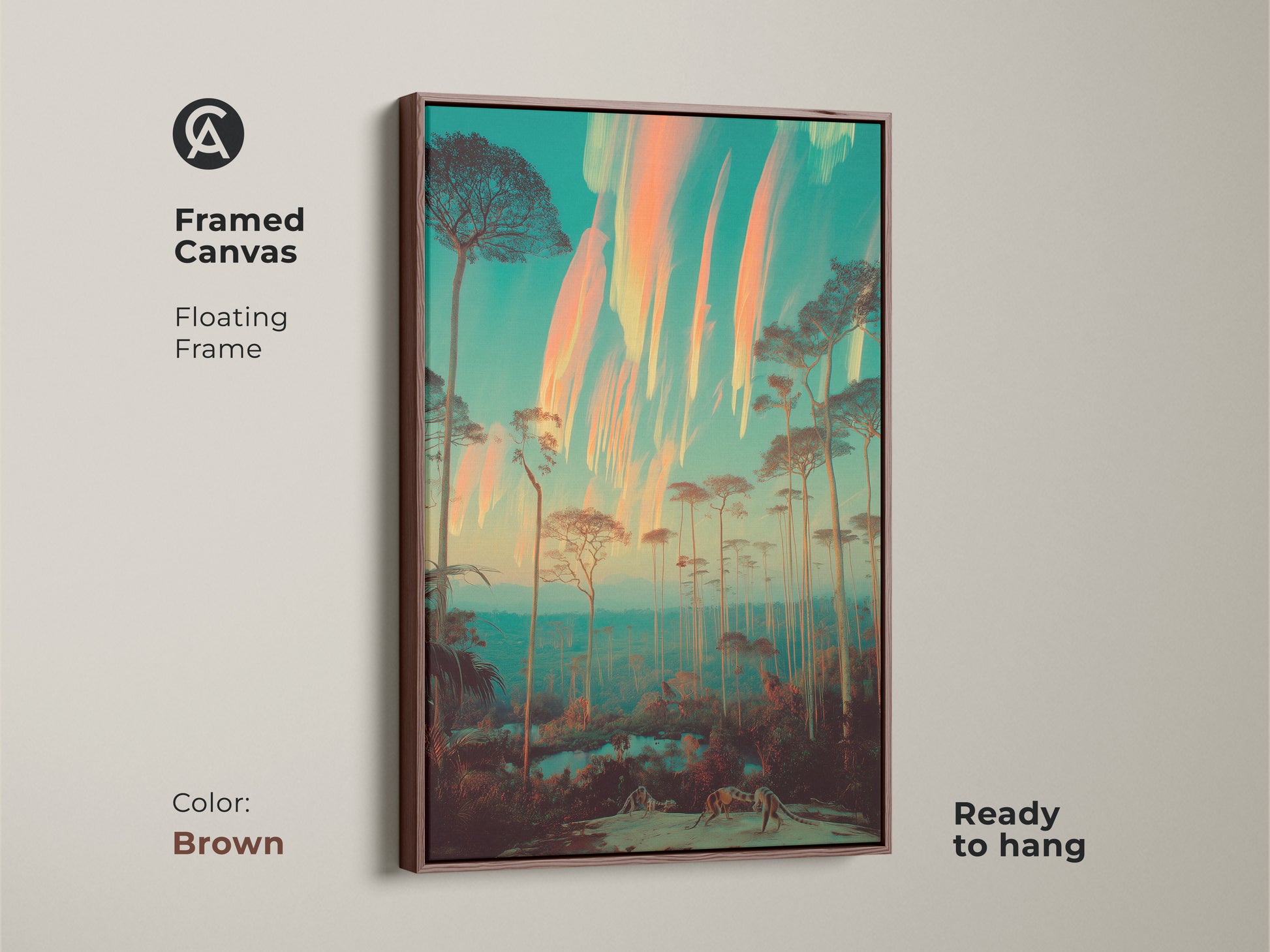Framed in brown this surreal forest canvas art creates a dreamlike and eclectic display. Tall slender trees are showcased against a vibrant teal and orange sky. Ready to hang this nature inspired artwork adds a unique touch to your living space. The warm tone is perfect for eclectic and bohemian spaces.