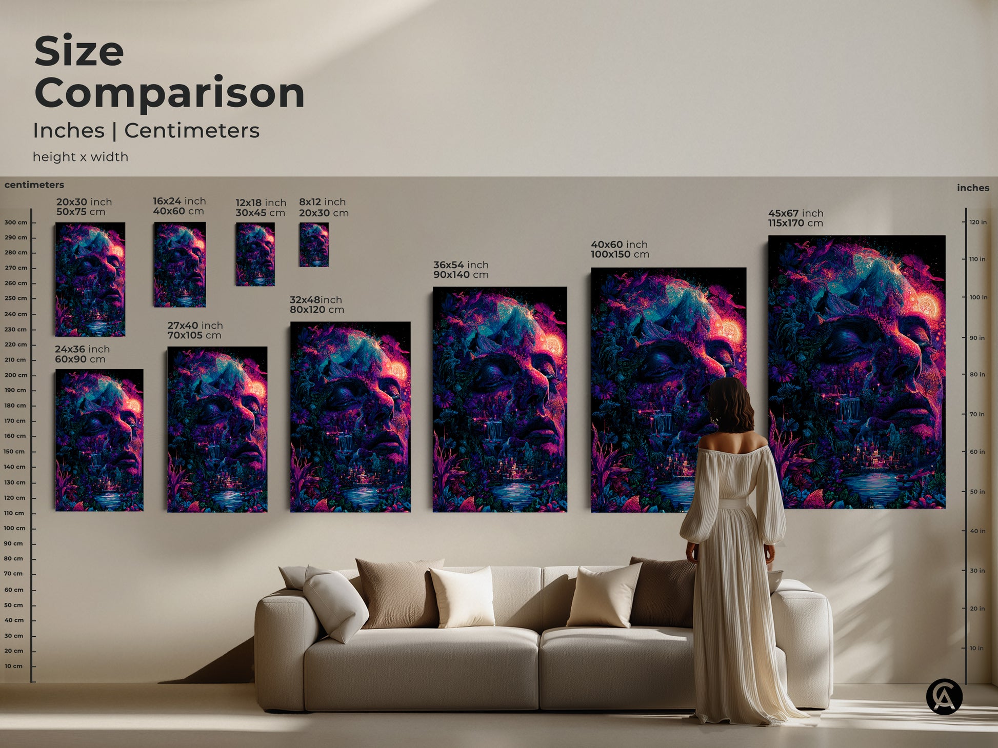 Size comparison of psychedelic face art prints in inches and centimeters. See how the artwork scales in different sizes. Perfect for adding a statement piece to your living room. Explore the options and find your ideal artwork size today.