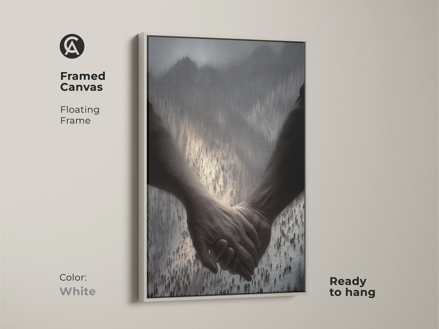 Framed canvas in white showing a couple holding hands. This abstract figurative print is perfect for minimalist decor. It is symbolic wall art with a contemporary feel. The floating frame makes it ready to hang. It is a great anniversary gift for a couple.