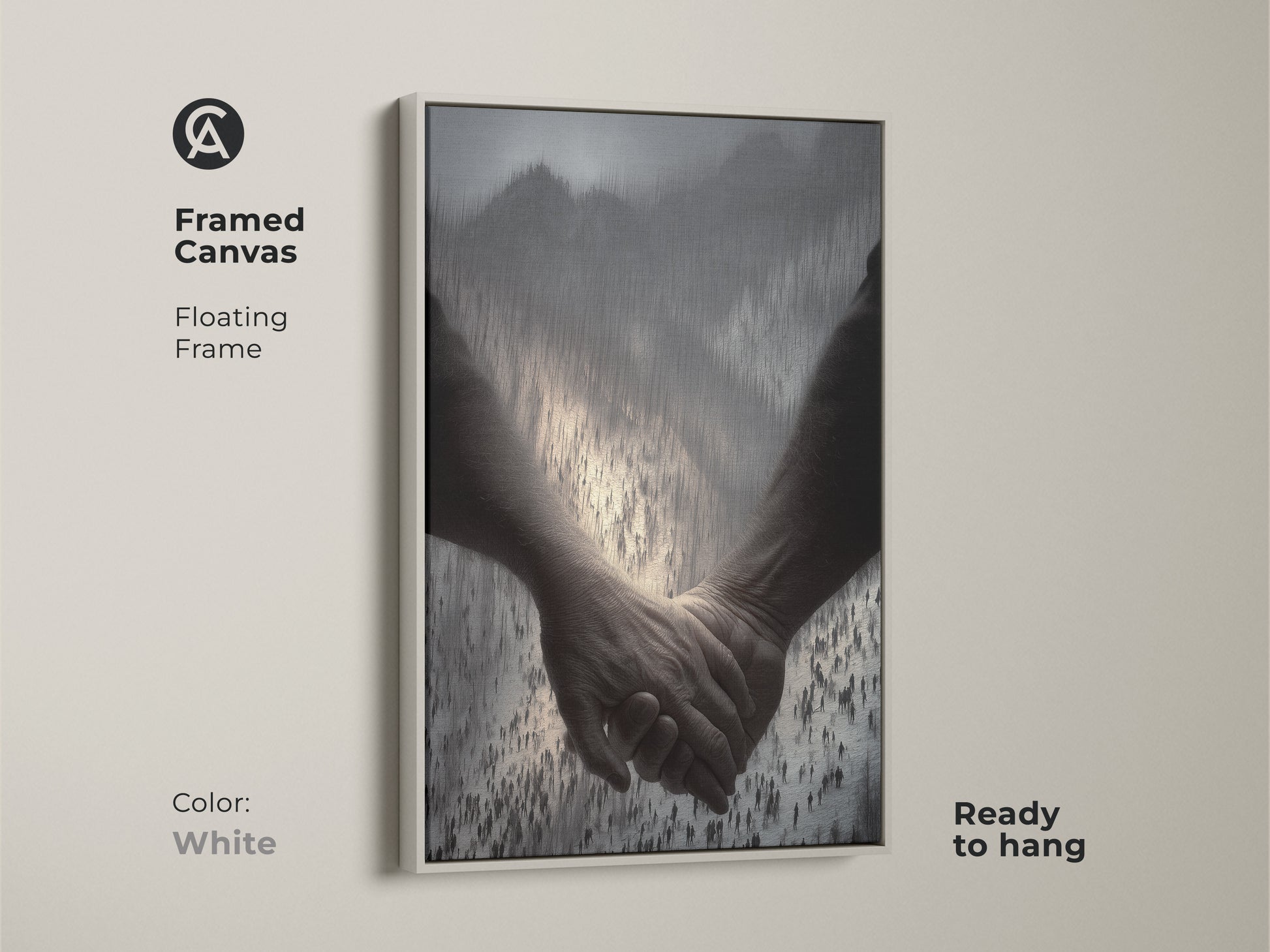 Framed canvas in white showing a couple holding hands. This abstract figurative print is perfect for minimalist decor. It is symbolic wall art with a contemporary feel. The floating frame makes it ready to hang. It is a great anniversary gift for a couple.