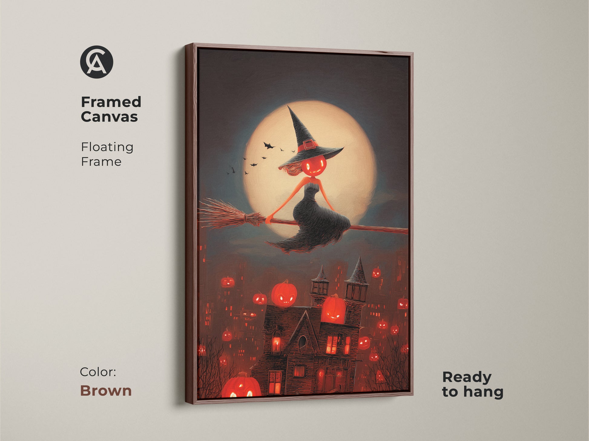 Framed canvas with a brown floating frame showing Halloween witch art. Add spooky gothic wall decor with a jack-o-lantern town print. This dark fantasy artwork makes a unique witchy gift for her. Ready to hang art.