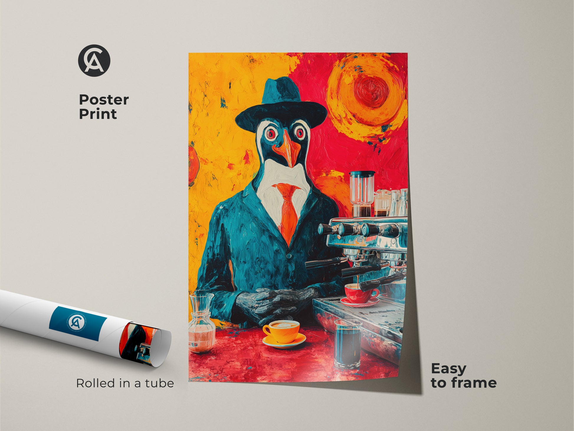 Poster print of a pop art penguin barista is rolled in a tube ready to frame. Eclectic animal artwork perfect as a gift for coffee lovers. The teal orange abstract art brings life to office walls. This funny penguin wall hanging adds personality. The print is easy to frame.