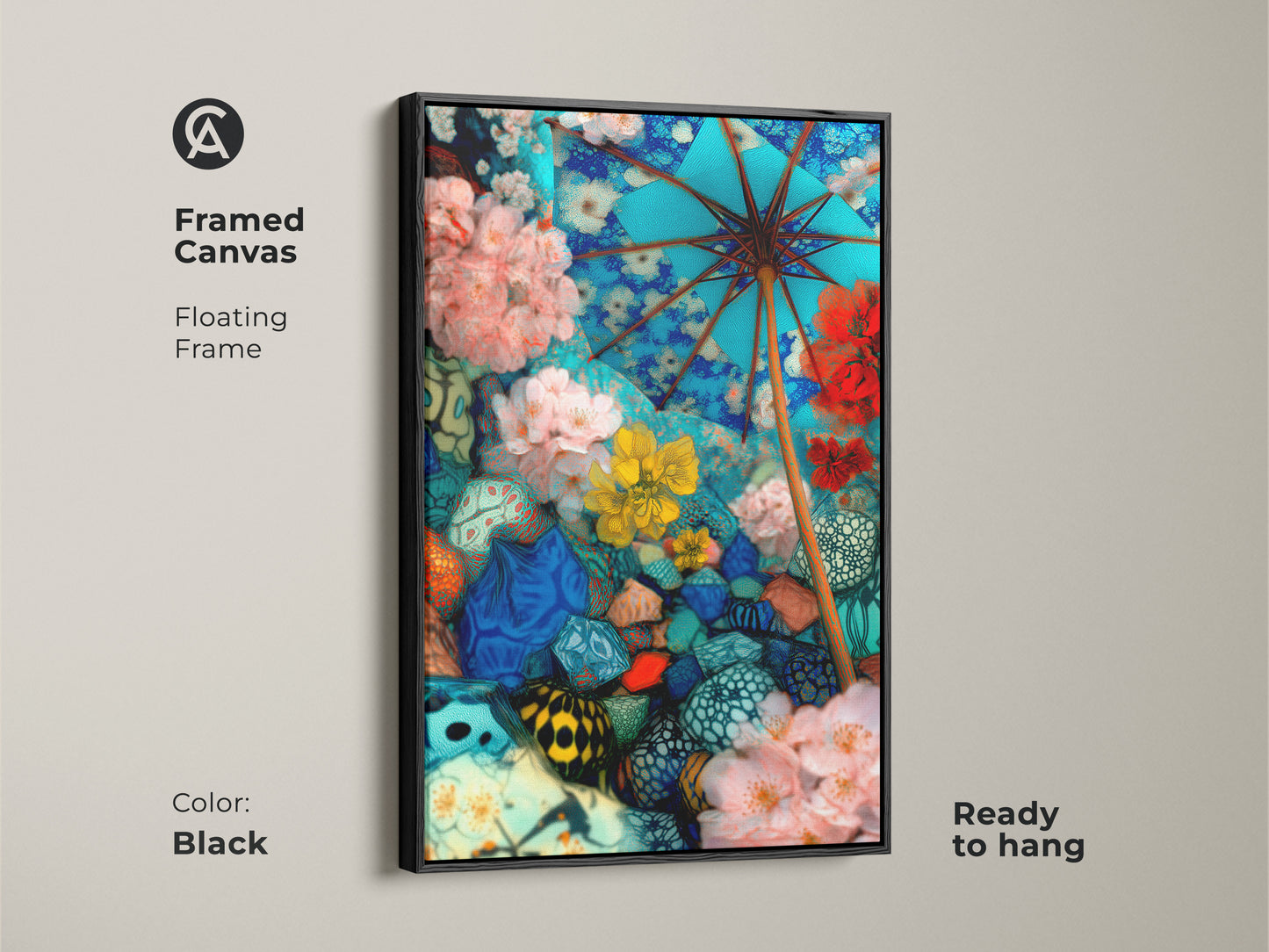 Enhance your living space with this framed canvas featuring surreal floral umbrella art. This abstract botanical wall art is set in a floating black frame. Ready to hang it adds an eclectic touch to bedroom decor. This blue pink and teal artwork makes a statement. It’s a perfect gift for art enthusiasts who love mixed media collage art decor. It’s vibrant and unconventional.