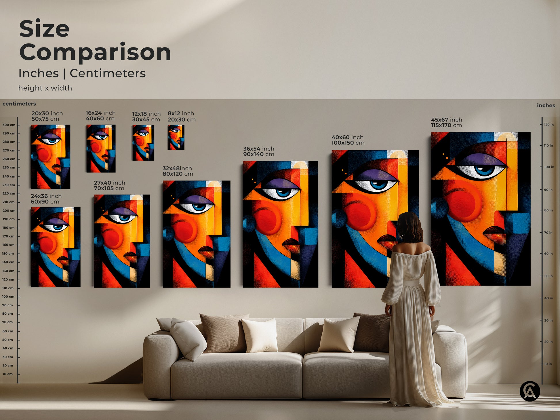 Size comparison of abstract face art prints. Visualize inches and centimeters for various canvas and poster sizes. Find the perfect scale to enhance your living room or office space.