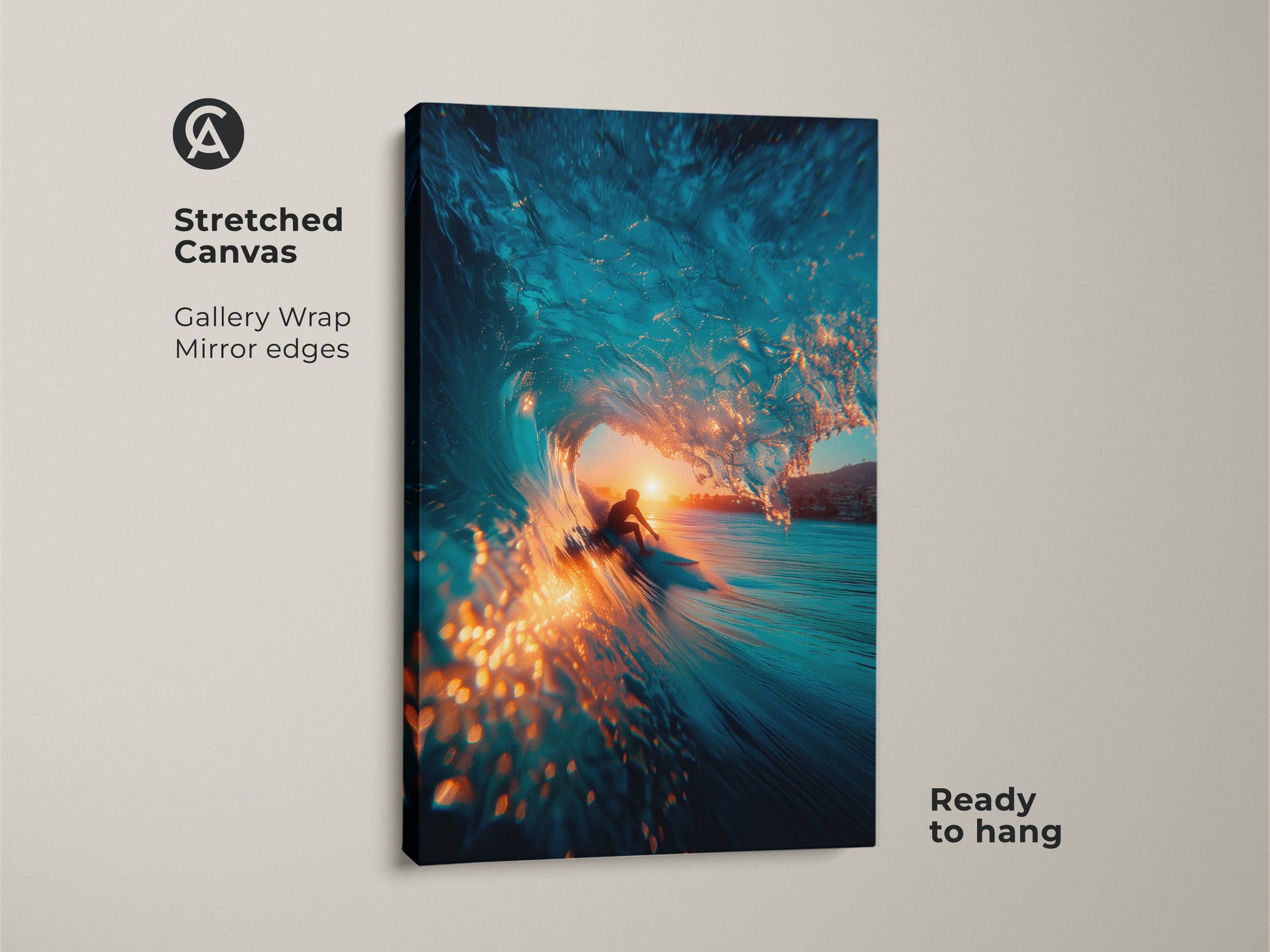 A surfer is captured inside a vibrant blue wave at sunset in this striking artwork. This fine art print is on a stretched canvas with mirror edges. Ready to hang this gallery wrapped art brings the ocean's energy to your wall art collection.